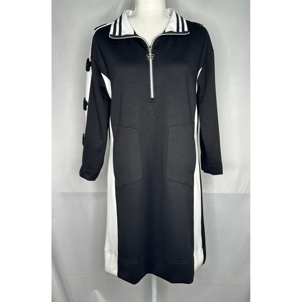 Orly Black White Colorblock Quarter Zip Dress Flower Applique Pockets Medium